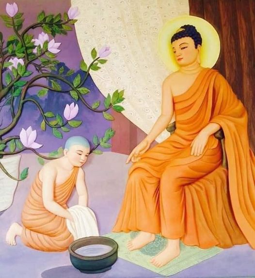 La Hầu La lấy một cái chậu dựng nước để Đức Phật rửa chân