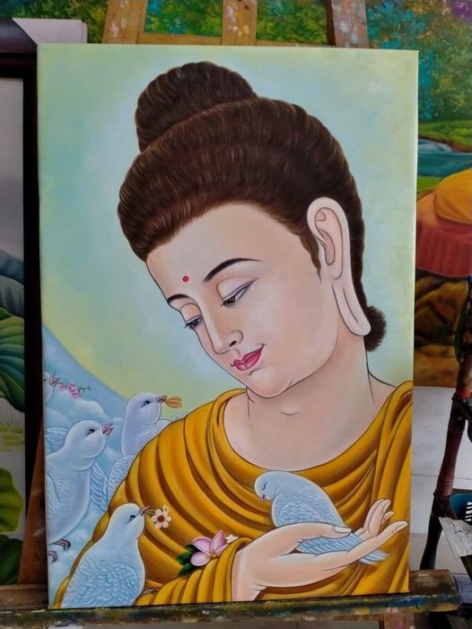 Tranh vẽ Đức Phật và chim