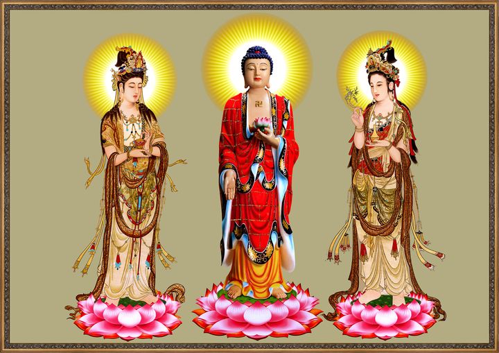 Tranh Tây phương Tam Thánh - Đức Phật A Mi Đà - Bồ Tát
